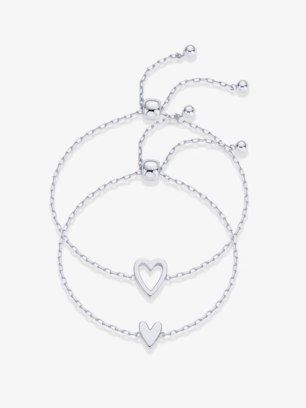 Heart Duo Charm Adjustable Bracelet Set - Silver
